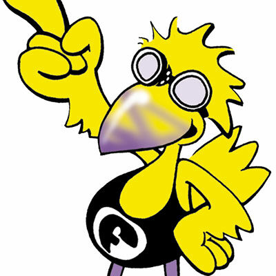 Das Bild zeigt die Figur "Flippo Frech", einen gelben Vogel mit einer großen Brille (ein Comic).