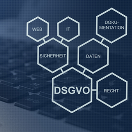 Die angezeigt Grafik symbolisiert die Begriffe DSGVO, Recht, Daten, Sicherheit, IT, Web und Dokumentation.