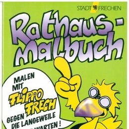 Das Bild zeigt eine grüne Broschüre "Rathaus-Malbuch" mit Flippo Frech
